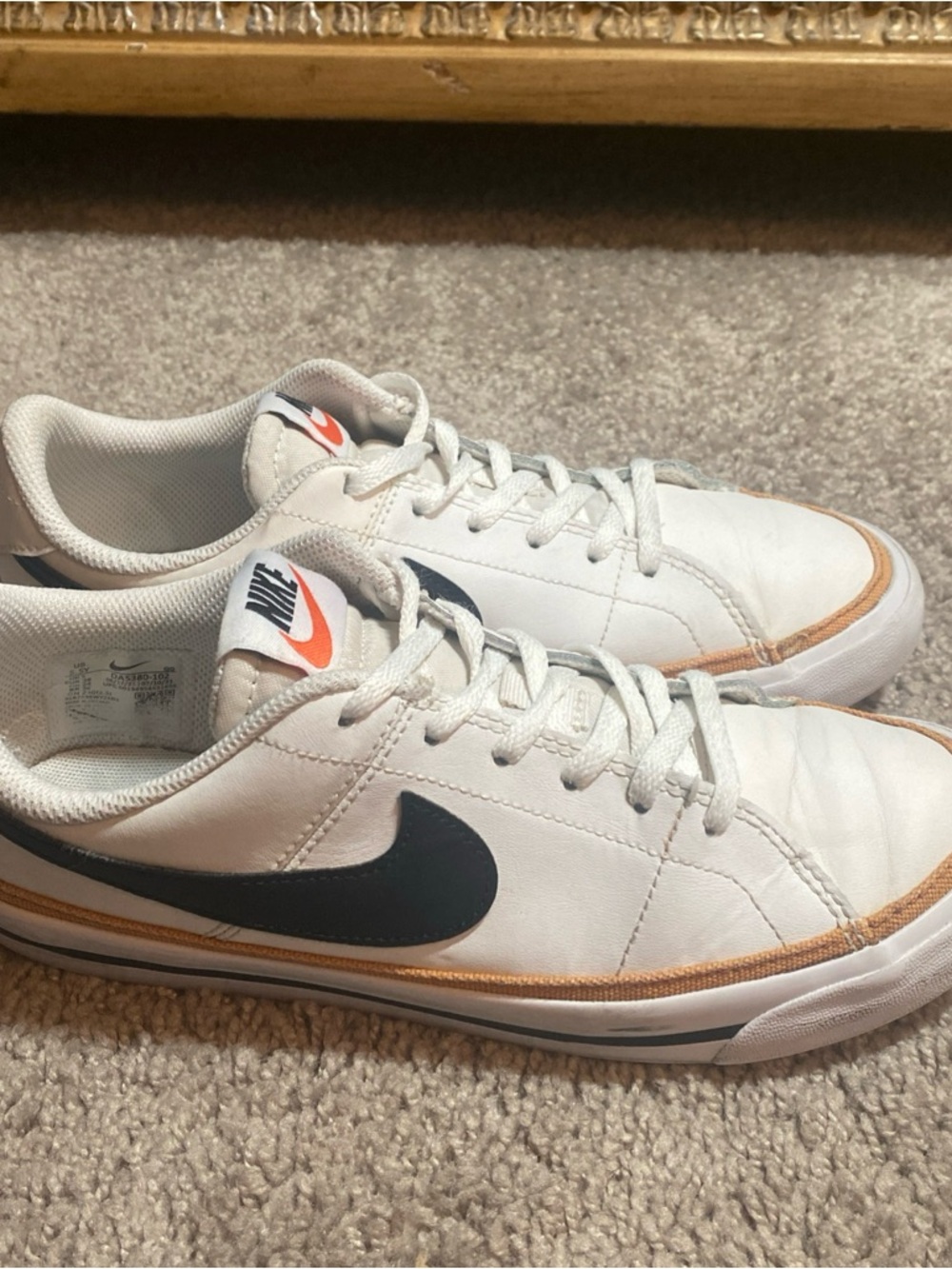 Nike Court Legacy White Leather Sneakers with Black Swoosh and Orange Trim